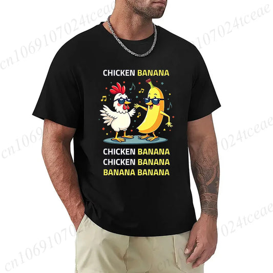 Unisex Chicken Banana Meme T Shirt Funny Cartoon Chicken Banana with Sunglasses Graphic Tee Music Short Sleeve Oversized Tops