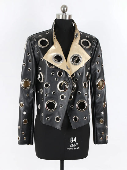 Nerazzurri Spring Autumn Short Hollow Out Pu Leather Jacket Women Rivet Cool Stylish Luxury Designer Clothes Runway Fashion 2024