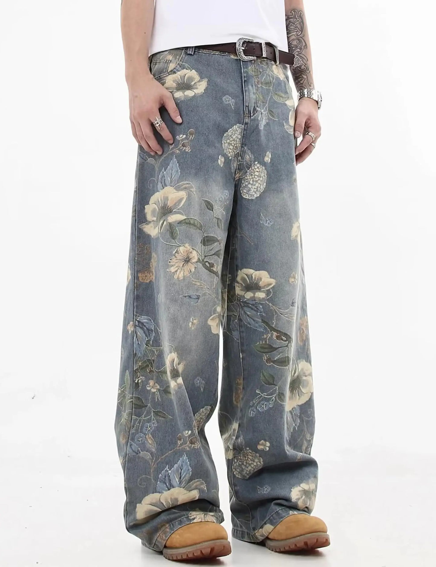 Men's Vintage Wash Baggy Wide Leg Jeans All Over Floral Print Loose Street Style