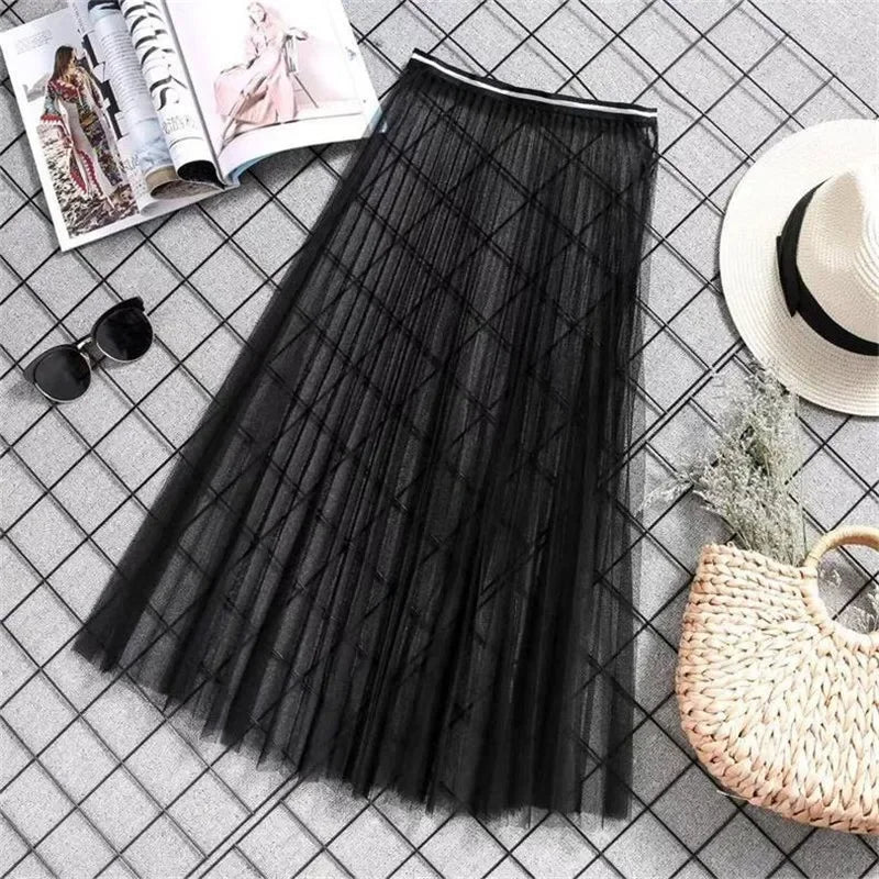 Women Sexy Mesh Lace Transparent Long Tulle Skirt Korean Fashion Summer Ladies Elastic High Waist Black White Beach Midi Skirt