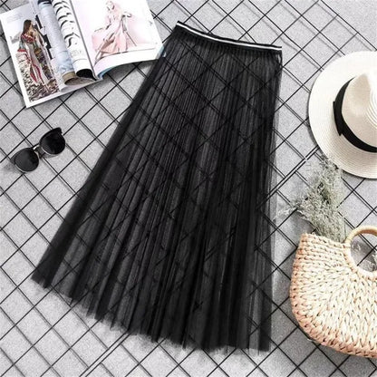Women Sexy Mesh Lace Transparent Long Tulle Skirt Korean Fashion Summer Ladies Elastic High Waist Black White Beach Midi Skirt