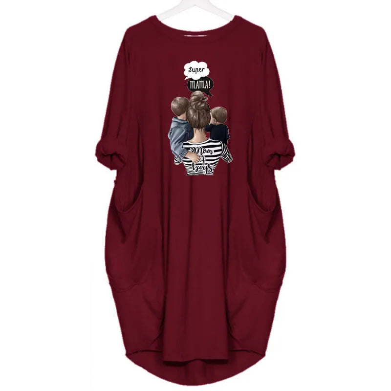 Women's Loose  Long Sleeved Summer Plus Size Dress Autumn  Winter Casual Round Neck Solid Color Long Sleeve Pocket Loose Pullove
