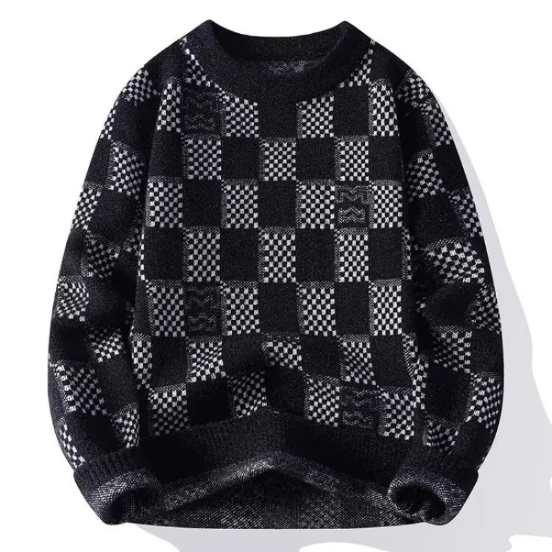 Checkered sweater for men's autumn and winter new fashion brand jacquard knitted sweater with half high collar and bottom layer