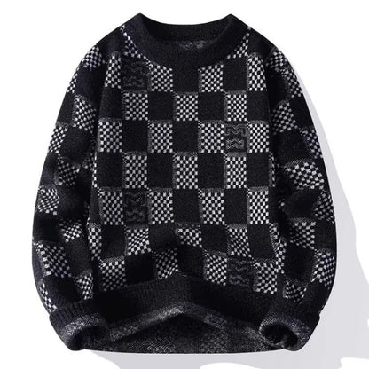 Checkered sweater for men's autumn and winter new fashion brand jacquard knitted sweater with half high collar and bottom layer