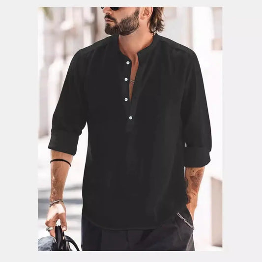 Men's Casual Stand Collar Placket Solid Color Long Sleeve Shirts, Slub Cotton Dress Shirts