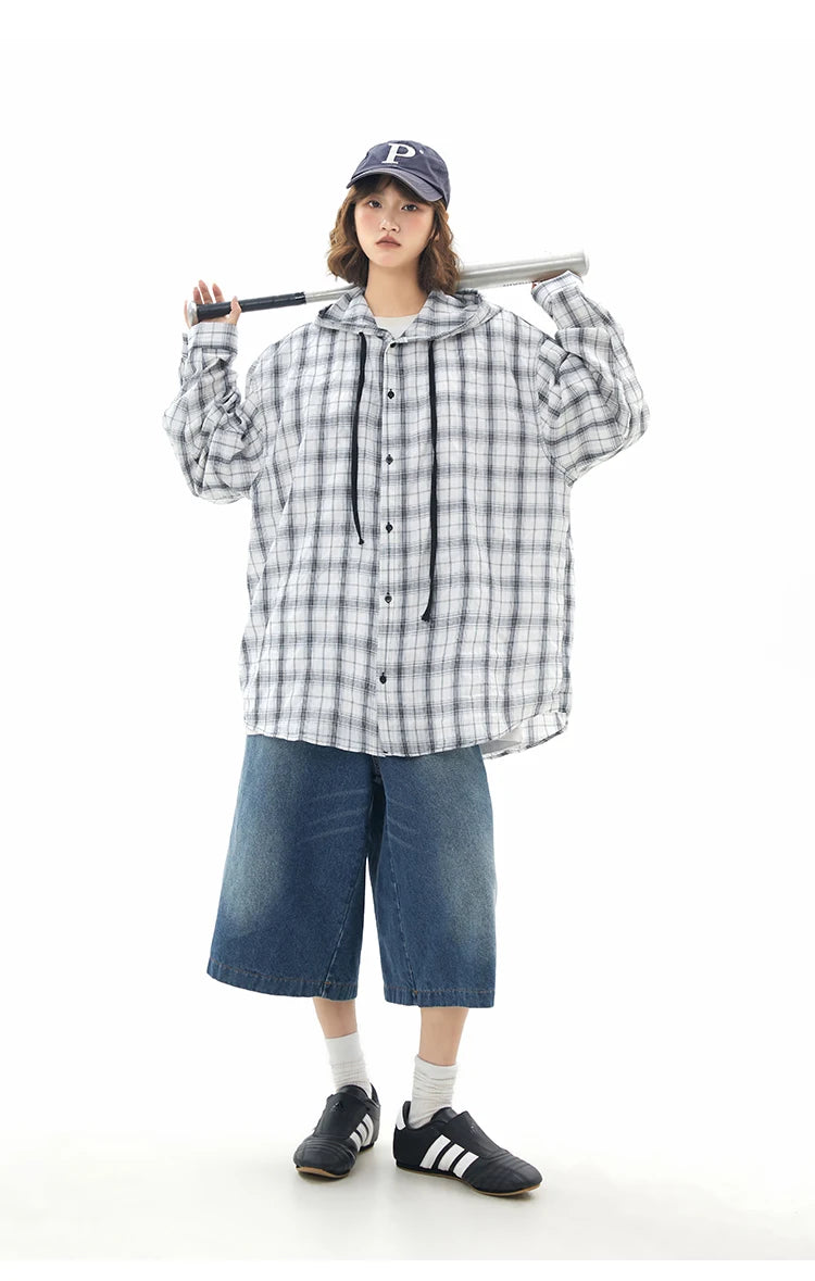 Unisex Oversized Hooded Flannel Style Plaid Mens Shirt Jacket Long Sleeve Button Down Casual Lightweight Jacket for Spring Fall