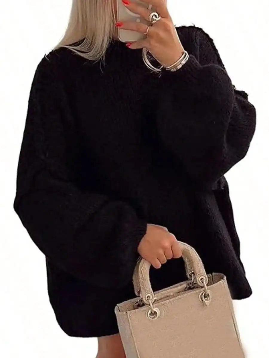 Women's Oversized Pullover Sweaters  Fall Winter Mock Neck Lantern Sleeve Crochet Casual Knitted Jumper Tops Solid Color Loose Blouse
