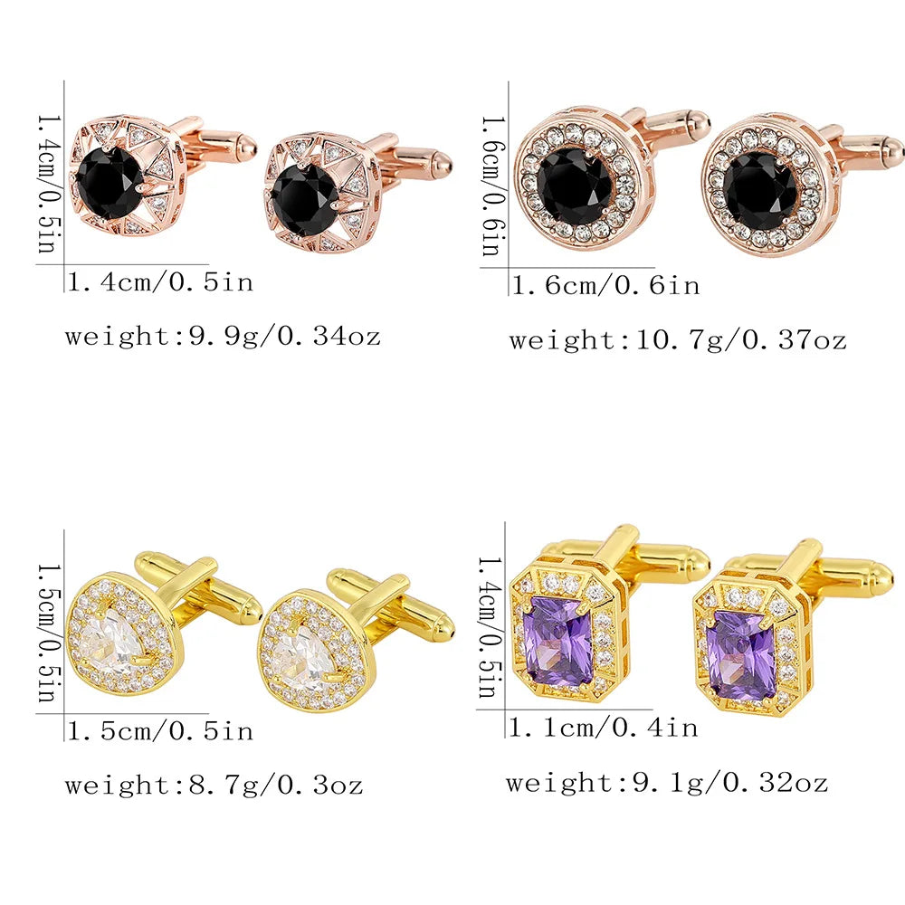 Men Luxury Vintage Metal Cufflinks Zircon Cuffs French Square Buckle Shirt Crystal Copper Cuffs