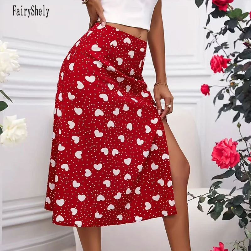 Fairyshely Casual Red Heart Print Long Skirt For Women 2026 Summer Split High Waist Midi Skirt Lady Elegant A line Loose Skirt
