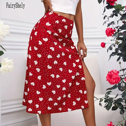 Fairyshely Casual Red Heart Print Long Skirt For Women 2026 Summer Split High Waist Midi Skirt Lady Elegant A line Loose Skirt
