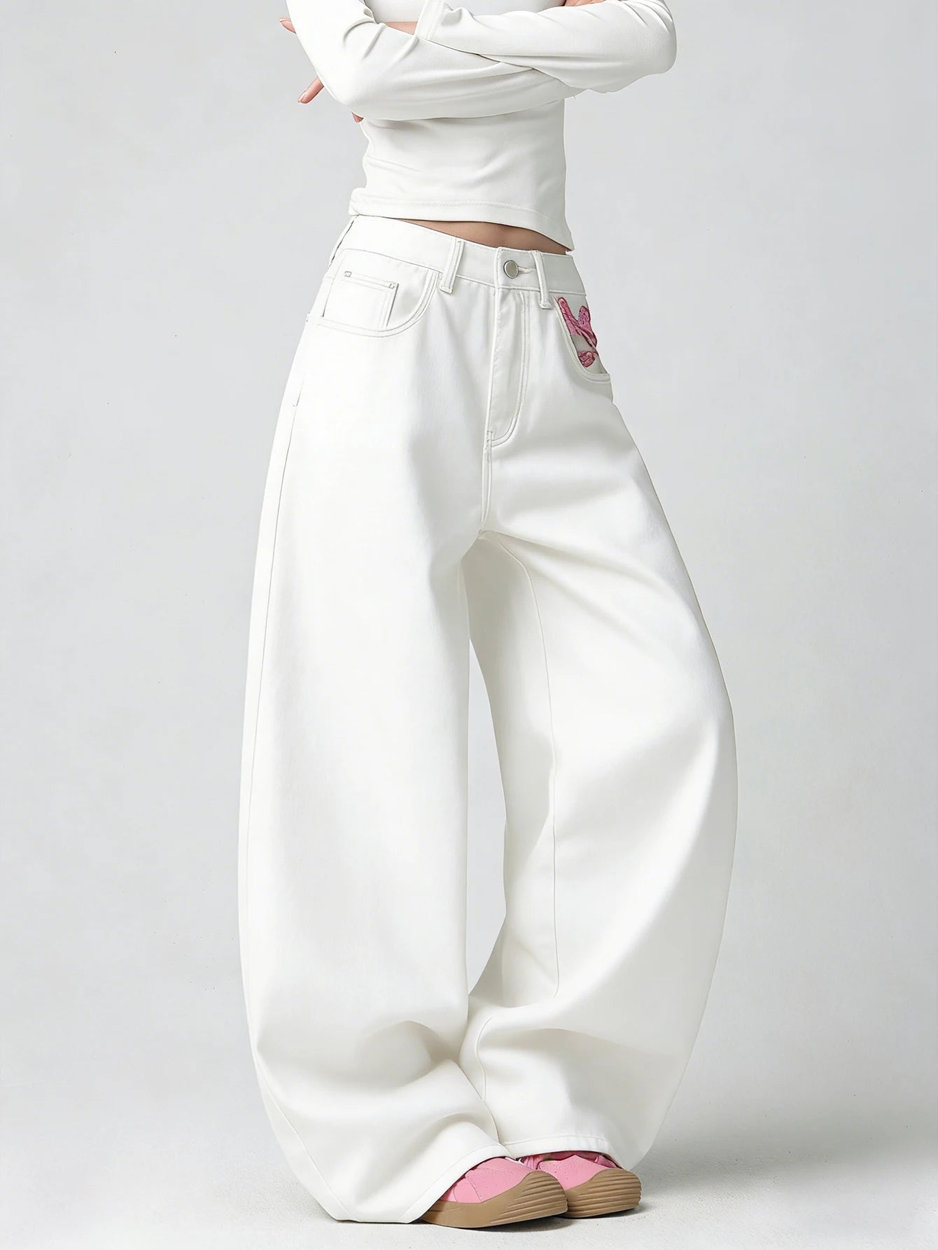 Women's White Embroidered High-Waist Loose Wide-Leg Jeans Y2K Street Trend Comfortable Everyday Versatile All-Season Pants
