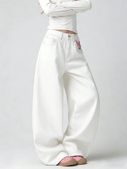 Women's White Embroidered High-Waist Loose Wide-Leg Jeans Y2K Street Trend Comfortable Everyday Versatile All-Season Pants