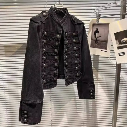 2026 Autumn New Fashion Metal Buckle Design Shoulder Strap Denim Short Jacket For Women High Street Coat Female