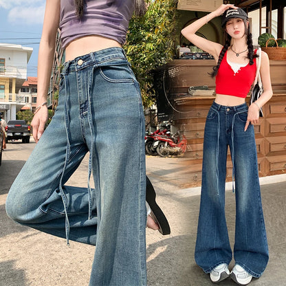 2026 Spring Summer New Women's High Quality Stretchy Jeans High Waist Drawstring Loose Floor-Length Flared Pants