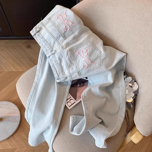 Womens Casual Loose Fit Jeans Relaxed Trousers High Waist Wide Leg Light Wash Embroidered Plus Size Comfort Jeans Women's jeans