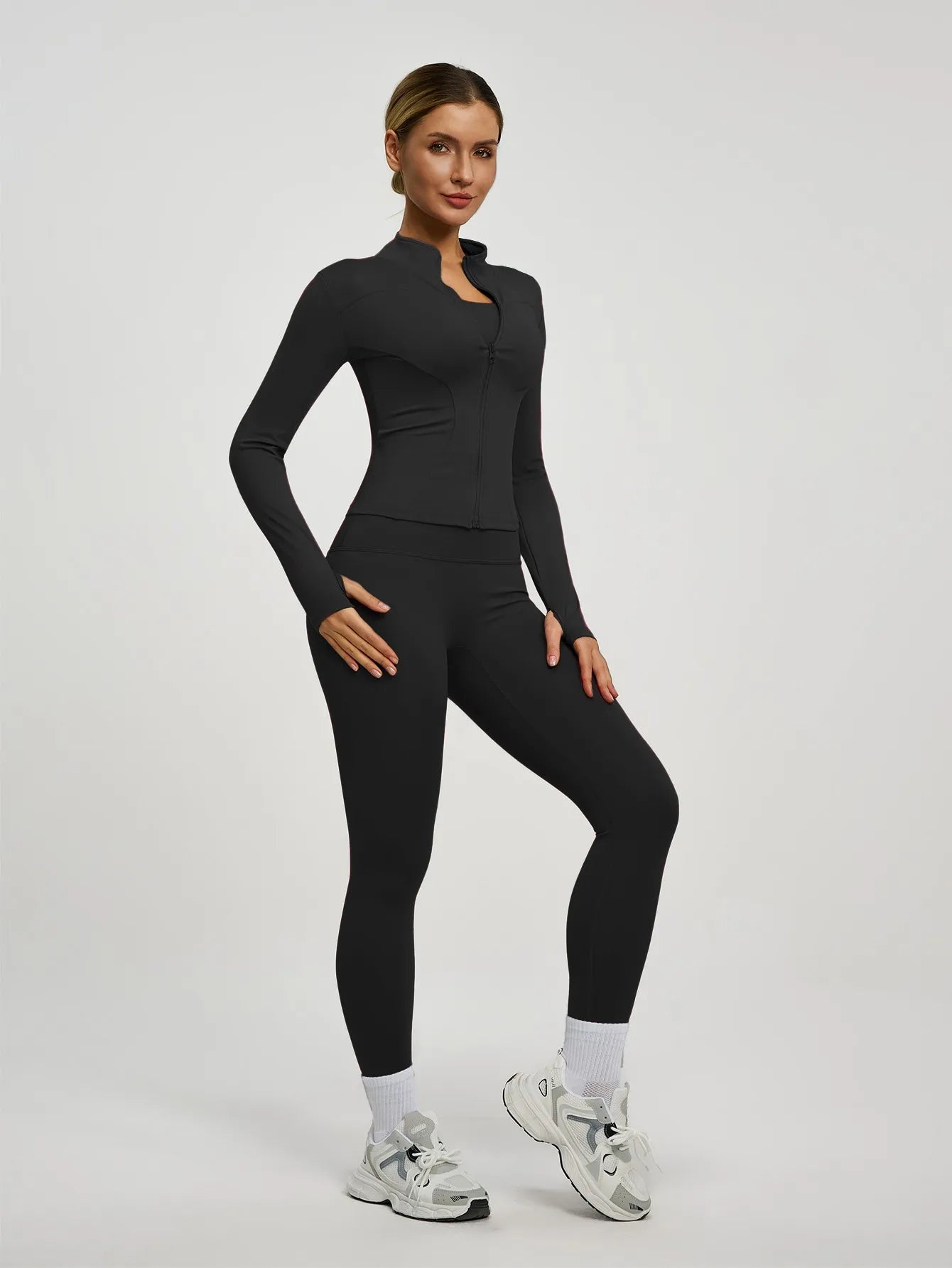 Fitfemme 2Pcs Women's Spring Yoga Sport Suit High Waist Legging Jacket Lifting Running Pants Outdoor Set