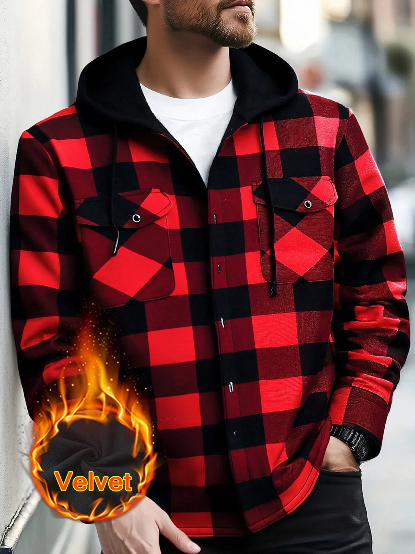 Men's Plaid Sherpa-Lined Hooded Jacket, 2025 New Winter Warm Fleece Loose Fit Long Sleeve Coat, Casual Outdoor Zip Up