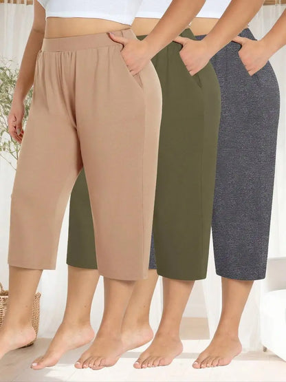 3 Pack Women's Plus Size Capri Sweatpants - Loose Cropped Yoga Lounge Pajama Pants With Pockets For Summer Light Gray + Dark