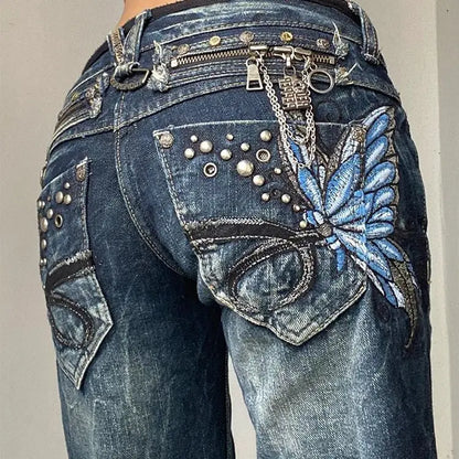 Embroidered Women Jeans Y2K Millennium Harajuku Slim Flared Jeans American Fashion High Street Large Size Butterfly