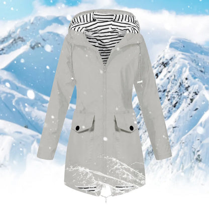 Waterproof Windproof Rain Jacket Womens Fall Winter Striped Lined Mid Length Rain Coat Long Sleeve Zip Up Overcoat Cold Weather
