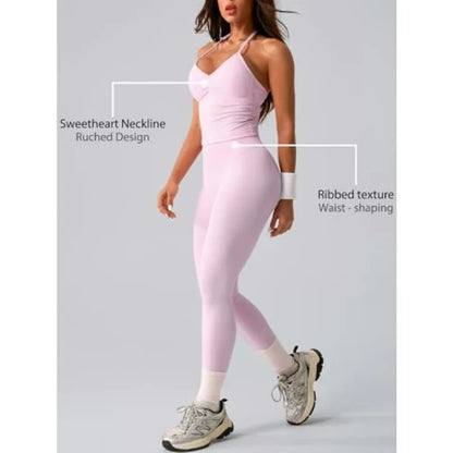 2 Pcs Ribbed Seamless Workout Sets for Women No Front Seam High Waisted Yoga Leggings and Adjustable Halter Bra Work Out Set