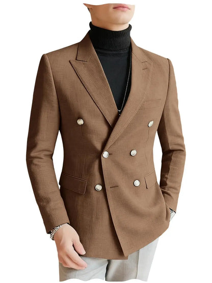 Men's Linen Blazer Double Breasted Slim Fit Breathable Suit Jacket Business Casual Gentlemen Coat Formal Wedding Party Dress