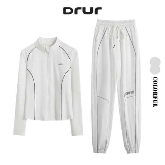 DRUR Gym Set Women Tracksuit 2 Piece Long Sleeve Zipper Jacket High Waist Athletic Sweatpants Workout Outfits For Yoga Running
