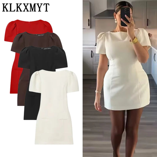 Chic Elegant Women Short Sleeve Mini Dress Slim Fit High Waist Solid Midi Dresses Simple Bodycon Commuter Summer Dress ﻿