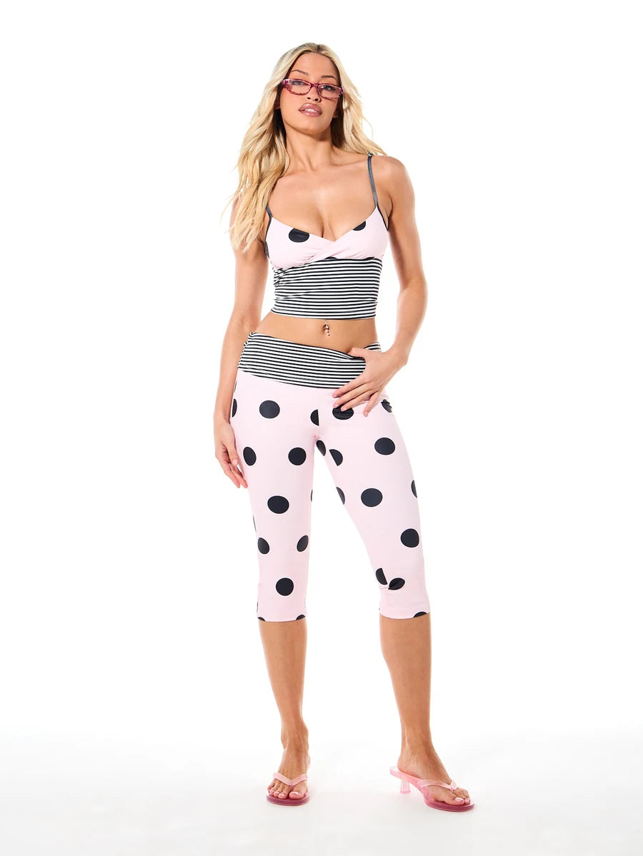 SUMWON WOMEN Women's Fold Over Waistband Polka Dot Capri Leggings With Striped Detail Mid Length High Rise Casual Leggings For