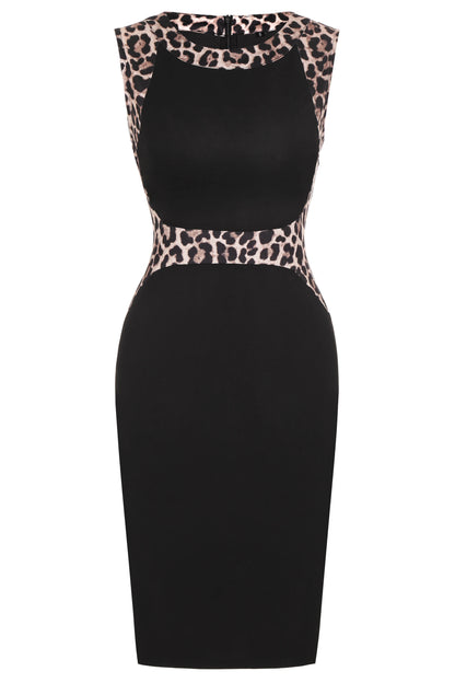 Womens Leopard Patchwork Crew Neck Sleeveless Cocktail Knee Length Business Casual Party Summer Pencil Bodycon Sheath Dress