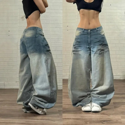 2026 American New Fashion Star Pattern Embroidery Old Jeans Women Y2K Gothic Hip-hop Casual Joker Straight Wide-leg Trousers