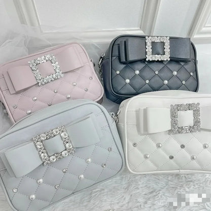 Sweet Knot Pearl Oulder Crossbody Bag Diamond Id Pattern Small Square Bag Faionable for Young Women Pearl Shoulder Rhinestones