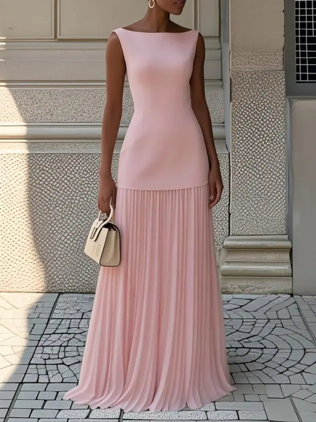 Cosplay Sexy Hollow Knit Dress Women Elegant Long Sleeveless Tank Dress Solid Splice Pleated Boho Slim Slash Neck Female Set