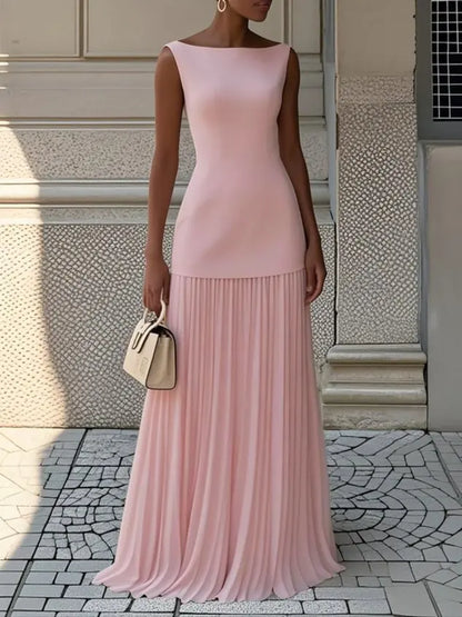 Cosplay Sexy Hollow Knit Dress Women Elegant Long Sleeveless Tank Dress Solid Splice Pleated Boho Slim Slash Neck Female Set