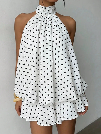Women White Black Polka Dot Halter Mini Dress Summer Sleeveless Ruffle Tiered Short Dress Elegant Party Clubwear A-Line Vestidos