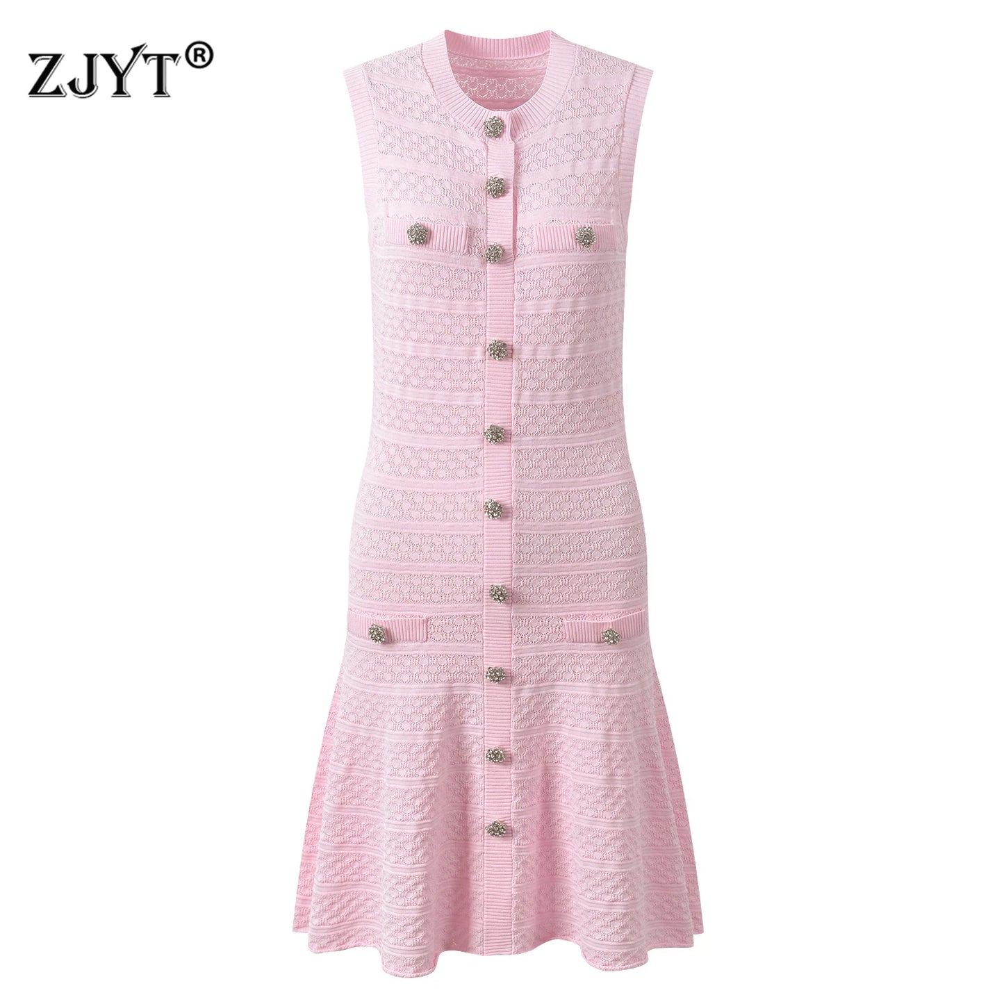 ZJYT New Summer Women's Sleeveless Knit Dress Elegant Sweet Pink Casual Party Mini Short Dresses Female Knitwears with Buttons