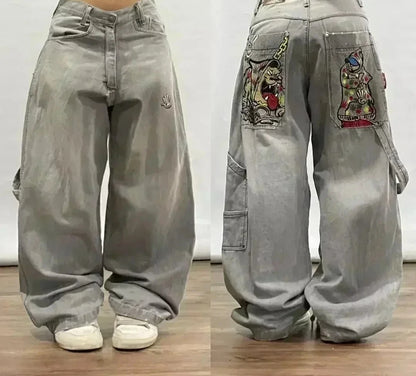 Street Fashion Trend Skull Embroidered Jeans Women Straight Wide-leg Pants Couple Casual Jeans