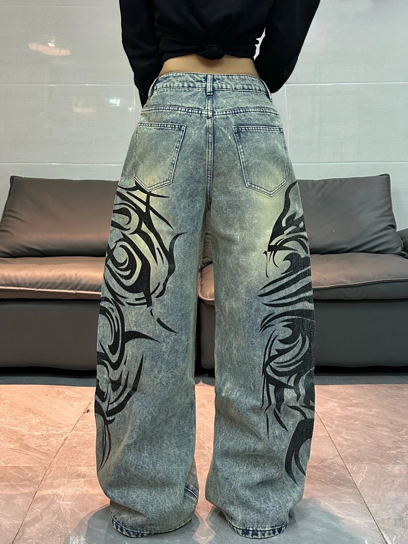 American-Style Vintage Washed Distressed Totem Print Loose Jeans, Street Fashion Trendy Versatile High-Waist Wide-Leg Pants For Women