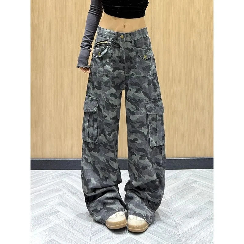 Retro Camouflage Work Pants Women's Spring Autumn Loose Slimming Floor-Length Trousers Multiple Pockets Ladies Casual Workwear