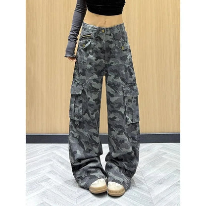 Retro Camouflage Work Pants Women's Spring Autumn Loose Slimming Floor-Length Trousers Multiple Pockets Ladies Casual Workwear