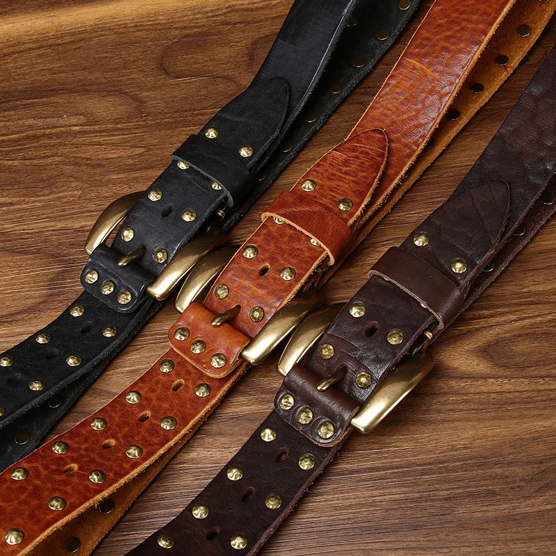 Punk Trend Rivet Men Belt Thicken Genuine Leather Brass Pin buckle Washed Retro Distressed Pure Cowhide Personalized Denim Belt