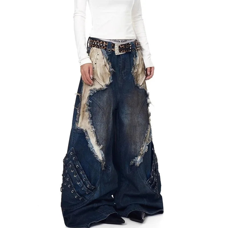 2026 New American  Jeans with Old Washing and Splicing Burrs Women Y2K Hip Hop Popular Casual Joker Wide-leg Pants