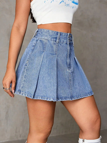 High Waist Pleated Denim Mini Skirt with Button Closure