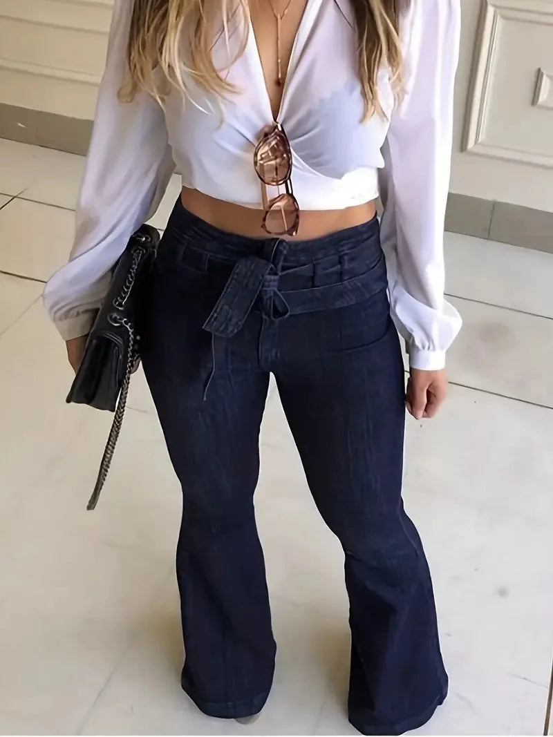 Ladies Deep Blue High Waist Bell Bottom Jeans Elastic Stretch Leg Lengthening Belted Waist