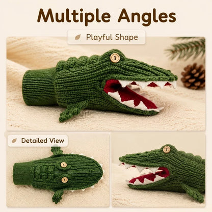 Cute Crocodile Knitted Mittens, Funny 3D Animal Design Warm Winter Full-Finger Gloves, Soft Knit Hand Warmers, Novelty Dress-up Gloves for Women Men, Perfect Christmas Holiday Gift Choice, Ideal for Daily Outdoor Cold Weather