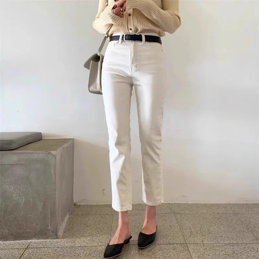 High Waist Straight Leg Jeans Women's ort Stature 50cm Slim Elastic Nine-Tenths e Tube Pants Spring Summer Apricot