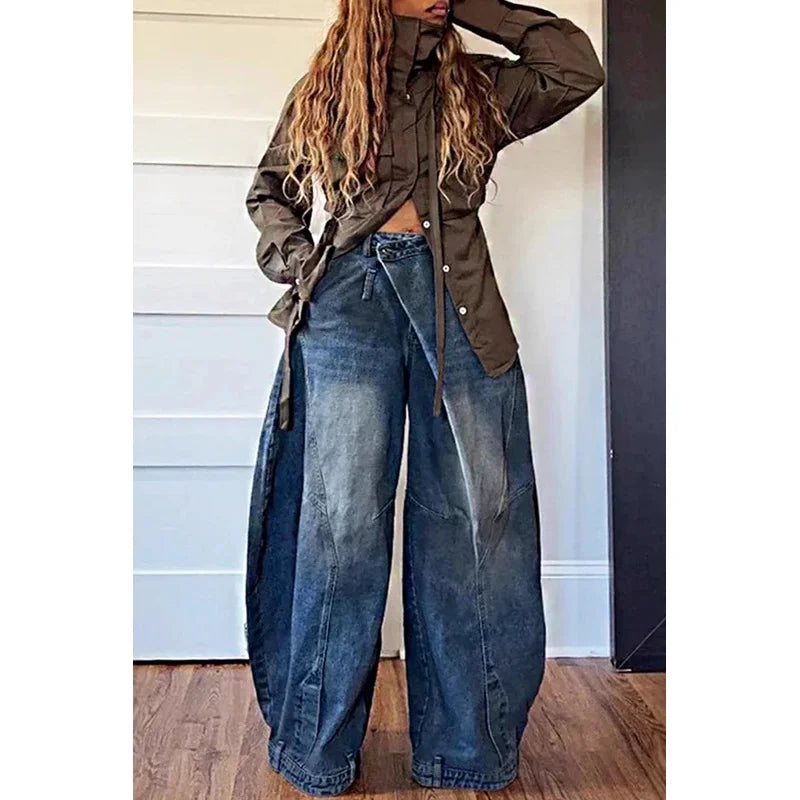 Y2K Women Loose Denim Jeans Asymmetric Button Pocket Washed Jean Casual Harajuku High Street Grunge Denim Trouders Pants
