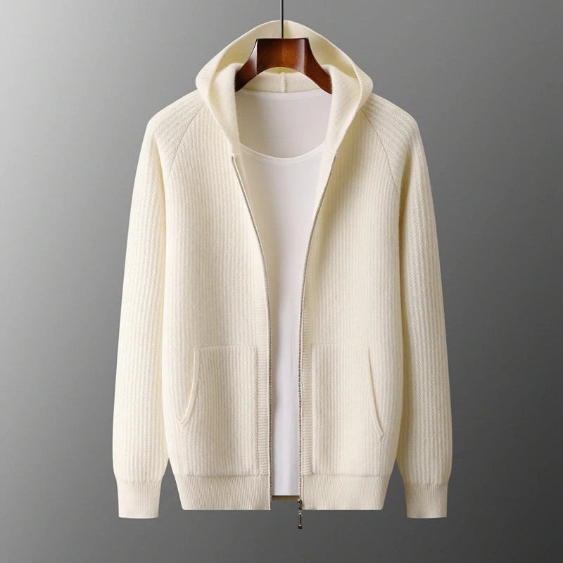 New Men's Thick Zipper Hoodie Cardigan100% Merino Wool Knitted Sweater Casual Loose Autumn/Winter Warm Hoodie Long Sleeve Jacket