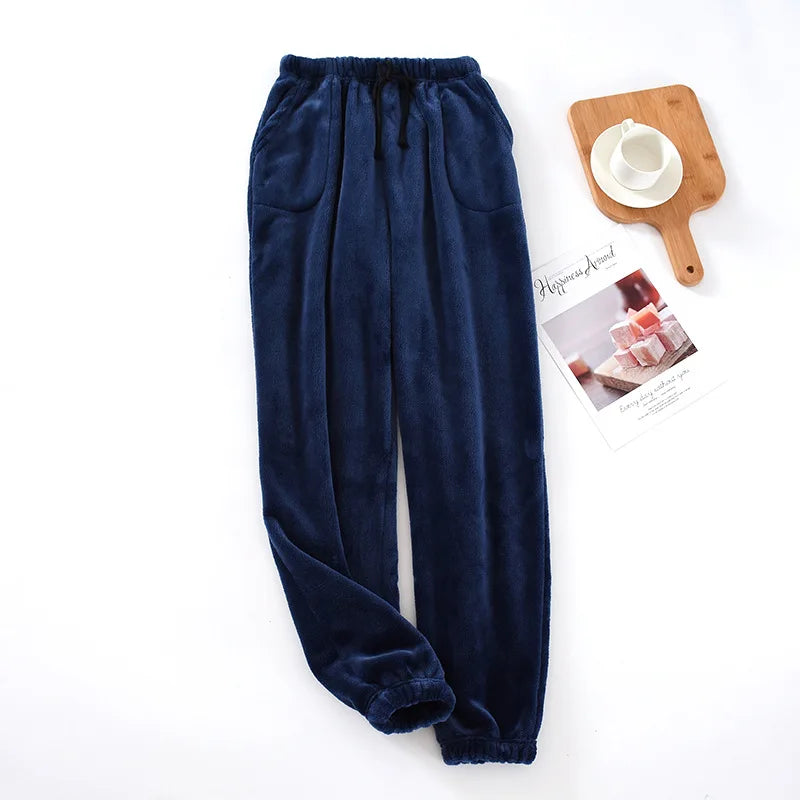 Men Sleep Pants Warm Pants Long Pants Fall Winter Flannel Elastic Cuff Loungewear Pants Loose Fit