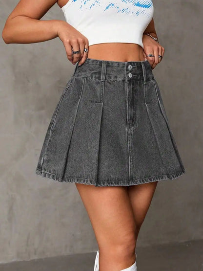 High Waist Pleated Denim Mini Skirt with Button Closure